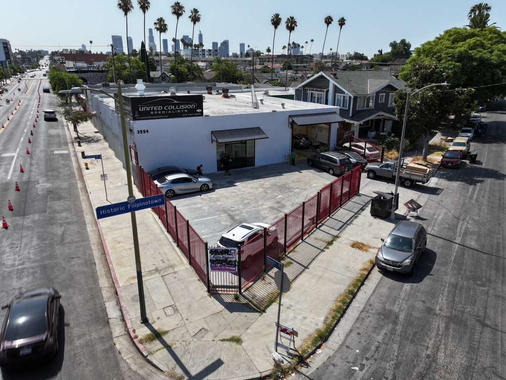 Aerial view of an auto body shop facility